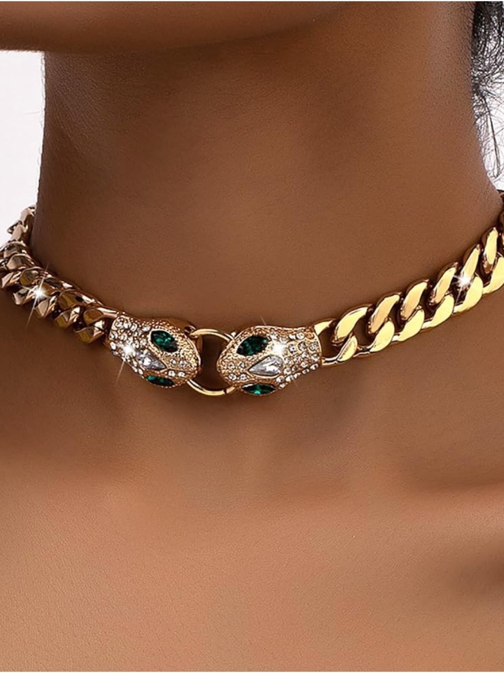 Gold Double Snake Head Chain Choker with Emerald Accents